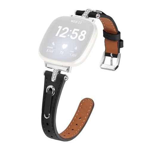 For Fitbit Versa 4 / Sense 2 Genuine Cow Leather Strap Rhinestone Watch Wrist Band (Silver Buckle) - Black