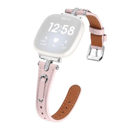 For Fitbit Versa 4 / Sense 2 Genuine Cow Leather Strap Rhinestone Watch Wrist Band (Silver Buckle) - Pink