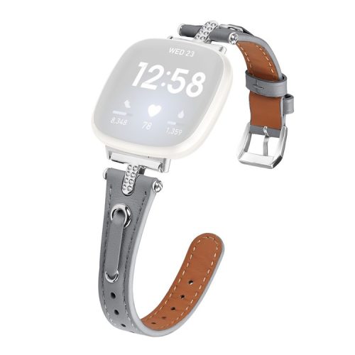 For Fitbit Versa 4 / Sense 2 Genuine Cow Leather Strap Rhinestone Watch Wrist Band (Silver Buckle) - Grey