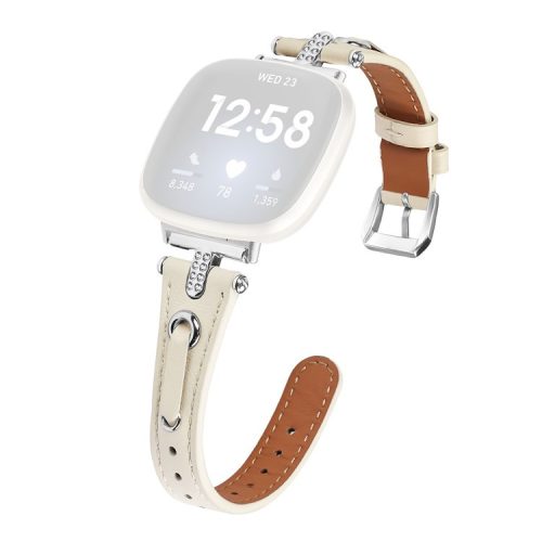 For Fitbit Versa 4 / Sense 2 Genuine Cow Leather Strap Rhinestone Watch Wrist Band (Silver Buckle) - Apricot