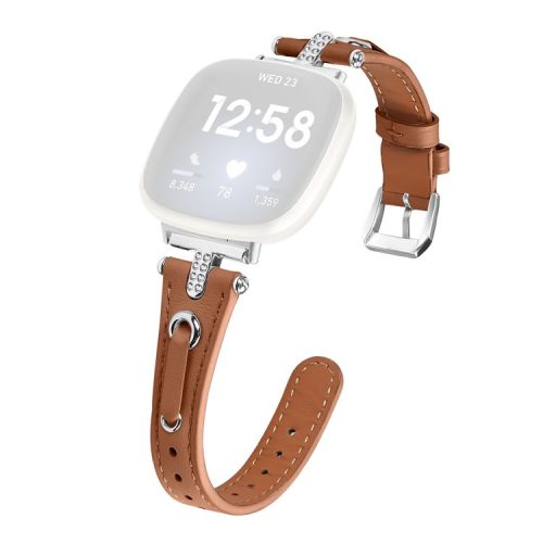 For Fitbit Versa 4 / Sense 2 Genuine Cow Leather Strap Rhinestone Watch Wrist Band (Silver Buckle) - Brown