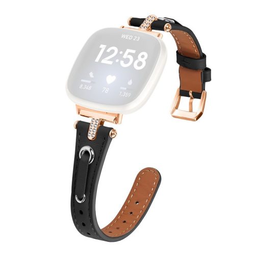 For Fitbit Versa 4 / Sense 2 Watch Wrist Band Genuine Cow Leather Strap (Rose Gold Buckle) - Black