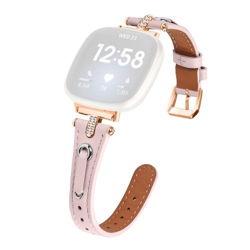 For Fitbit Versa 4 / Sense 2 Watch Wrist Band Genuine Cow Leather Strap (Rose Gold Buckle) - Pink