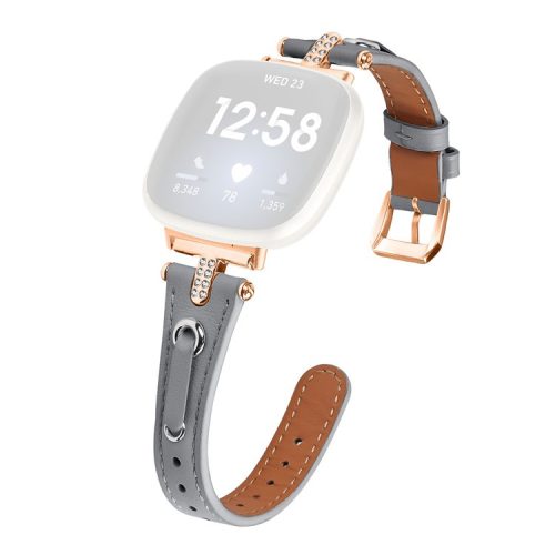 For Fitbit Versa 4 / Sense 2 Watch Wrist Band Genuine Cow Leather Strap (Rose Gold Buckle) - Grey