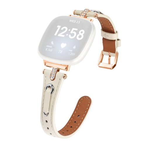 For Fitbit Versa 4 / Sense 2 Watch Wrist Band Genuine Cow Leather Strap (Rose Gold Buckle) - Apricot