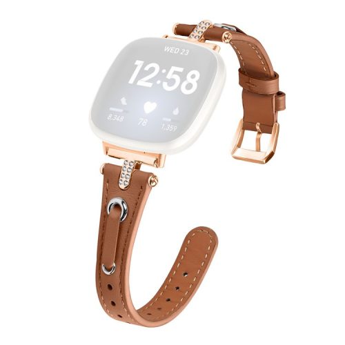 For Fitbit Versa 4 / Sense 2 Watch Wrist Band Genuine Cow Leather Strap (Rose Gold Buckle) - Brown