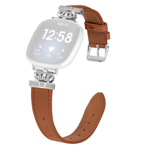 For Fitbit Versa 4 / Sense 2 Silver Buckle Genuine Cow Leather Crown Rhinestone  Watch Strap - Brown