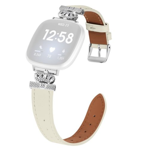 For Fitbit Versa 4 / Sense 2 Silver Buckle Genuine Cow Leather Crown Rhinestone  Watch Strap - Beige