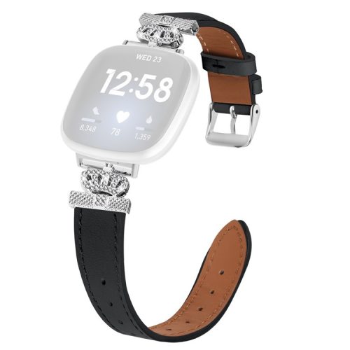 For Fitbit Versa 4 / Sense 2 Silver Buckle Genuine Cow Leather Crown Rhinestone  Watch Strap - Black