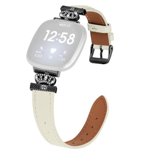 For Fitbit Versa 4 / Sense 2 Genuine Cow Leather Crown Rhinestone Decor Watch Strap (Black Buckle) - Apricot