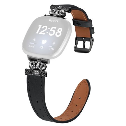 For Fitbit Versa 4 / Sense 2 Genuine Cow Leather Crown Rhinestone Decor Watch Strap (Black Buckle) - Black