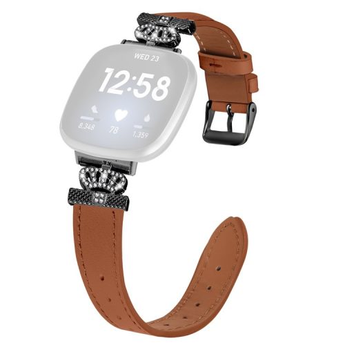 For Fitbit Versa 4 / Sense 2 Genuine Cow Leather Crown Rhinestone Decor Watch Strap (Black Buckle) - Brown