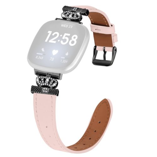 For Fitbit Versa 4 / Sense 2 Genuine Cow Leather Crown Rhinestone Decor Watch Strap (Black Buckle) - Pink