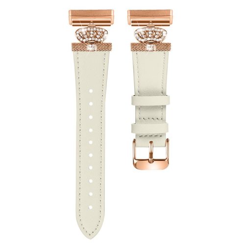 For Fitbit Versa 4 / Sense 2 Smooth Genuine Cow Leather Rhinestone Watch Strap (Rose Gold Buckle) - Apricot