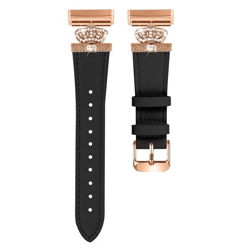 For Fitbit Versa 4 / Sense 2 Smooth Genuine Cow Leather Rhinestone Watch Strap (Rose Gold Buckle) - Black