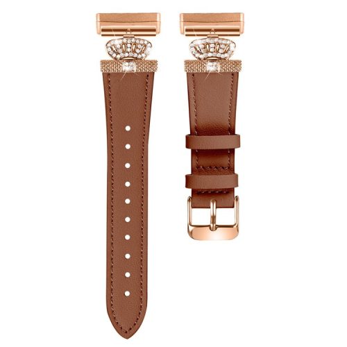 For Fitbit Versa 4 / Sense 2 Smooth Genuine Cow Leather Rhinestone Watch Strap (Rose Gold Buckle) - Brown