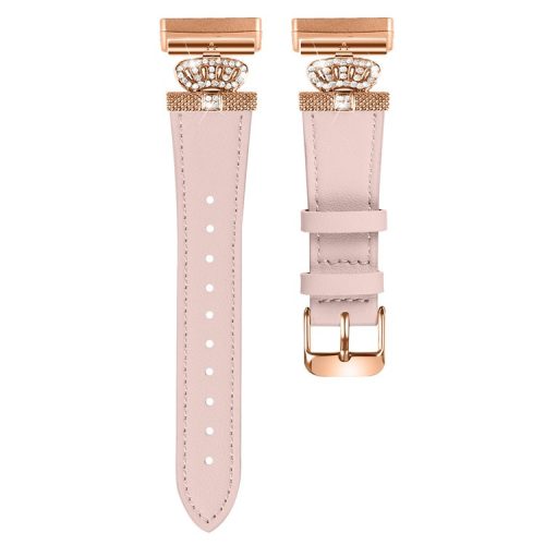 For Fitbit Versa 4 / Sense 2 Smooth Genuine Cow Leather Rhinestone Watch Strap (Rose Gold Buckle) - Pink