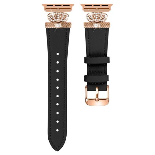 For Apple Watch 10 46mm / Ultra 2 / Ultra 49mm / 9 8 7 45mm / SE (2023) SE (2022) SE 6 5 4 44mm / 3 2 1 42mm Leather Strap with Rose Gold Buckle - Black