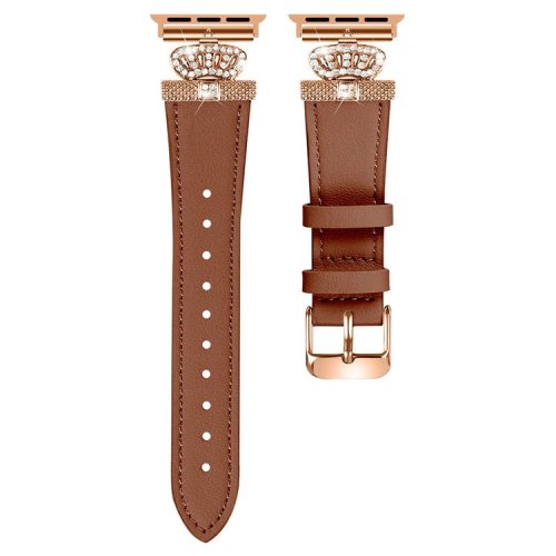 For Apple Watch 10 46mm / Ultra 2 / Ultra 49mm / 9 8 7 45mm / SE (2023) SE (2022) SE 6 5 4 44mm / 3 2 1 42mm Leather Strap with Rose Gold Buckle - Brown