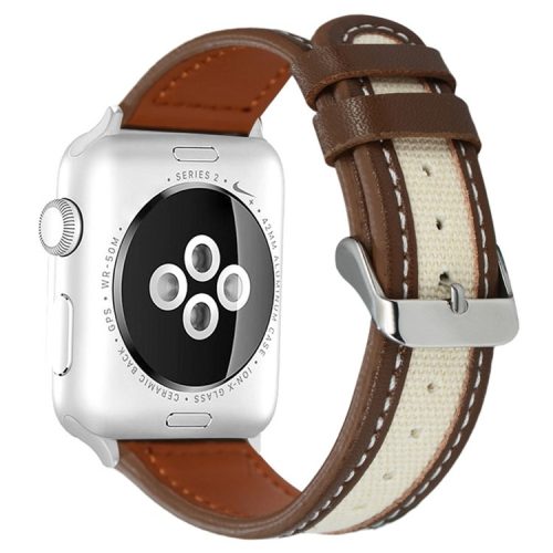 For Apple Watch 10 46mm / Ultra 2 / Ultra 49mm / 9 8 7 45mm / SE (2023) SE (2022) SE 6 5 4 44mm / 3 2 1 42mm Cow Leather+Fabric Watchband - Dark Brown / White