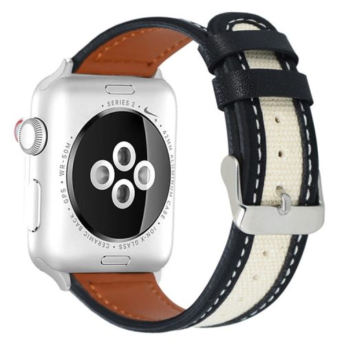 For Apple Watch 10 46mm / Ultra 2 / Ultra 49mm / 9 8 7 45mm / SE (2023) SE (2022) SE 6 5 4 44mm / 3 2 1 42mm Cow Leather+Fabric Watchband - Black / White