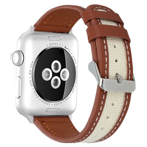 For Apple Watch 10 46mm / Ultra 2 / Ultra 49mm / 9 8 7 45mm / SE (2023) SE (2022) SE 6 5 4 44mm / 3 2 1 42mm Cow Leather+Fabric Watchband - Brown / White