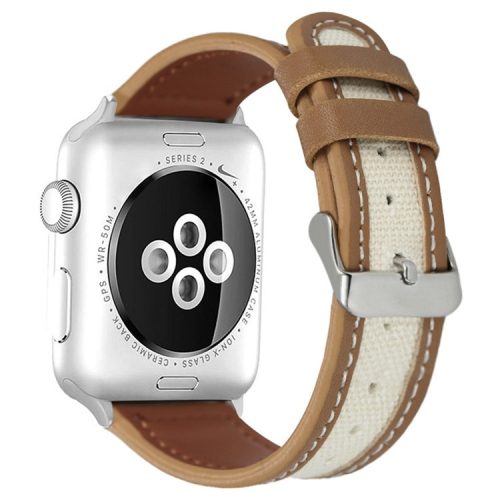 For Apple Watch 10 46mm / Ultra 2 / Ultra 49mm / 9 8 7 45mm / SE (2023) SE (2022) SE 6 5 4 44mm / 3 2 1 42mm Cow Leather+Fabric Watchband - Light Brown / White