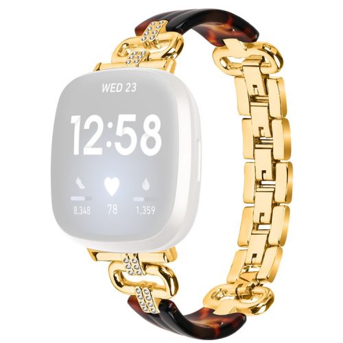 For Fitbit Versa 4 / Sense 2 Smartwatch Band Resin+Rhinestone Strap - Gold+Black