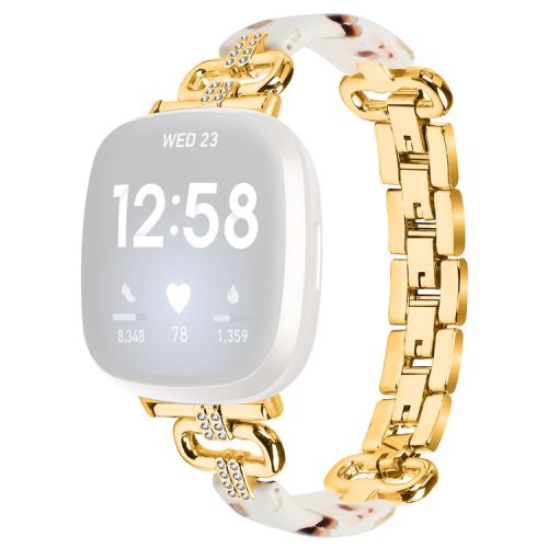 For Fitbit Versa 4 / Sense 2 Smartwatch Band Resin+Rhinestone Strap - Gold+White