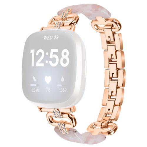 For Fitbit Versa 4 / Sense 2 Smartwatch Band Resin+Rhinestone Strap - Rose Gold+Pink