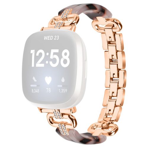 For Fitbit Versa 4 / Sense 2 Smartwatch Band Resin+Rhinestone Strap - Rose Gold+Black