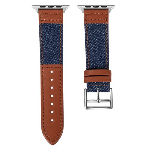 For Apple Watch 10 46mm / Ultra 2 / Ultra 49mm / 9 8 7 45mm / SE (2023) SE (2022) SE 6 5 4 44mm / 3 2 1 42mm Denim Fabric Watch Strap - Navy Blue+Brown