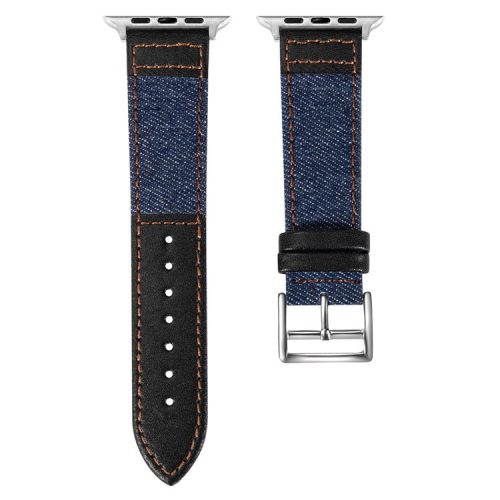 For Apple Watch 10 46mm / Ultra 2 / Ultra 49mm / 9 8 7 45mm / SE (2023) SE (2022) SE 6 5 4 44mm / 3 2 1 42mm Denim Fabric Watch Strap - Navy Blue+Black