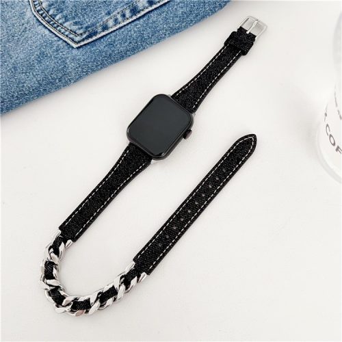 For Apple Watch 10 46mm / Ultra 2 / Ultra 49mm / 9 8 7 45mm / SE (2023) SE (2022) SE 6 5 4 44mm / 3 2 1 42mm Genuine Cow Leather Chain Watch Strap - Black