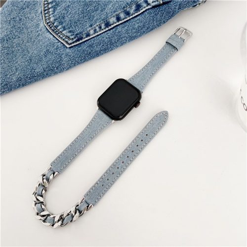 For Apple Watch 10 46mm / Ultra 2 / Ultra 49mm / 9 8 7 45mm / SE (2023) SE (2022) SE 6 5 4 44mm / 3 2 1 42mm Genuine Cow Leather Chain Watch Strap - Baby Blue