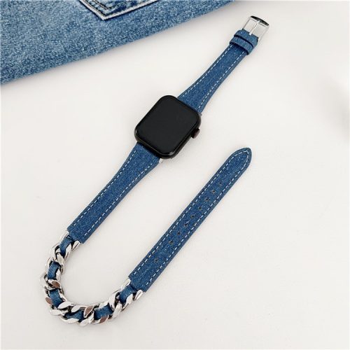 For Apple Watch 10 46mm / Ultra 2 / Ultra 49mm / 9 8 7 45mm / SE (2023) SE (2022) SE 6 5 4 44mm / 3 2 1 42mm Genuine Cow Leather Chain Watch Strap - Dark Blue