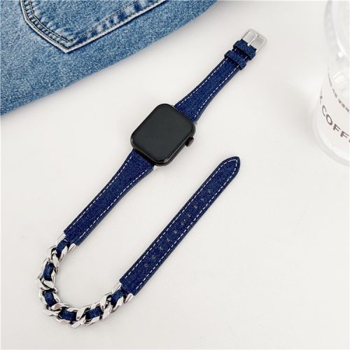 For Apple Watch 10 46mm / Ultra 2 / Ultra 49mm / 9 8 7 45mm / SE (2023) SE (2022) SE 6 5 4 44mm / 3 2 1 42mm Genuine Cow Leather Chain Watch Strap - Midnight Blue