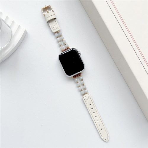 For Apple Watch 10 46mm / Ultra 2 / Ultra 49mm / 9 8 7 45mm / SE (2023) SE (2022) SE 6 5 4 44mm / 3 2 1 42mm Jade Bead Leather Watchband - White