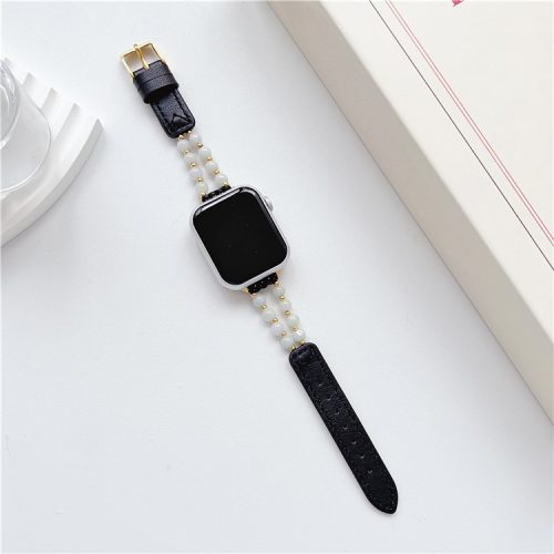 For Apple Watch 10 46mm / Ultra 2 / Ultra 49mm / 9 8 7 45mm / SE (2023) SE (2022) SE 6 5 4 44mm / 3 2 1 42mm Jade Bead Leather Watchband - Black