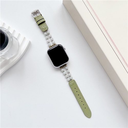 For Apple Watch 10 46mm / Ultra 2 / Ultra 49mm / 9 8 7 45mm / SE (2023) SE (2022) SE 6 5 4 44mm / 3 2 1 42mm Jade Bead Leather Watchband - Green