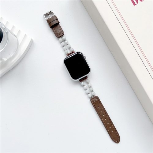 For Apple Watch 10 46mm / Ultra 2 / Ultra 49mm / 9 8 7 45mm / SE (2023) SE (2022) SE 6 5 4 44mm / 3 2 1 42mm Jade Bead Leather Watchband - Brown