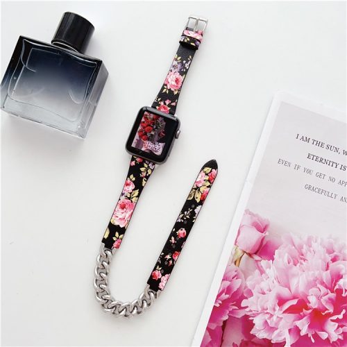 For Apple Watch 10 46mm / Ultra 2 / Ultra 49mm / 9 8 7 45mm / SE (2023) SE (2022) SE 6 5 4 44mm / 3 2 1 42mm Band Leather Strap - Rose Flower