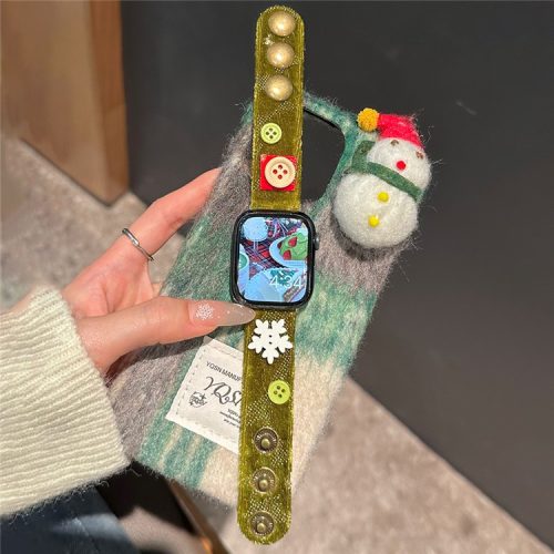 For Apple Watch 10 46mm / Ultra 2 / Ultra 49mm / 9 8 7 45mm / SE (2023) SE (2022) SE 6 5 4 44mm / 3 2 1 42mm Art Plush Wristband - Christmas Green