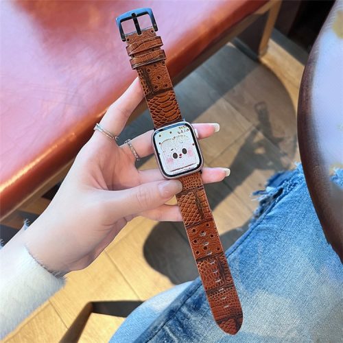 For Apple Watch 10 46mm / Ultra 2 / Ultra 49mm / 9 8 7 45mm / SE (2023) SE (2022) SE 6 5 4 44mm / 3 2 1 42mm Leather Strap Crocodile Texture - Brown