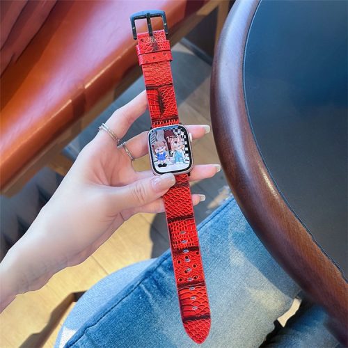 For Apple Watch 10 46mm / Ultra 2 / Ultra 49mm / 9 8 7 45mm / SE (2023) SE (2022) SE 6 5 4 44mm / 3 2 1 42mm Leather Strap Crocodile Texture - Red