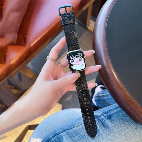 For Apple Watch 10 46mm / Ultra 2 / Ultra 49mm / 9 8 7 45mm / SE (2023) SE (2022) SE 6 5 4 44mm / 3 2 1 42mm Leather Strap Crocodile Texture - Black