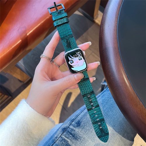 For Apple Watch 10 46mm / Ultra 2 / Ultra 49mm / 9 8 7 45mm / SE (2023) SE (2022) SE 6 5 4 44mm / 3 2 1 42mm Leather Strap Crocodile Texture - Green