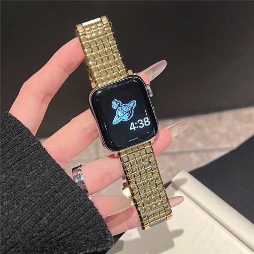 For Apple Watch 10 46mm / Ultra 2 / Ultra 49mm / 9 8 7 45mm / SE (2023) SE (2022) SE 6 5 4 44mm / 3 2 1 42mm Grid Design Stainless Steel Band - Gold