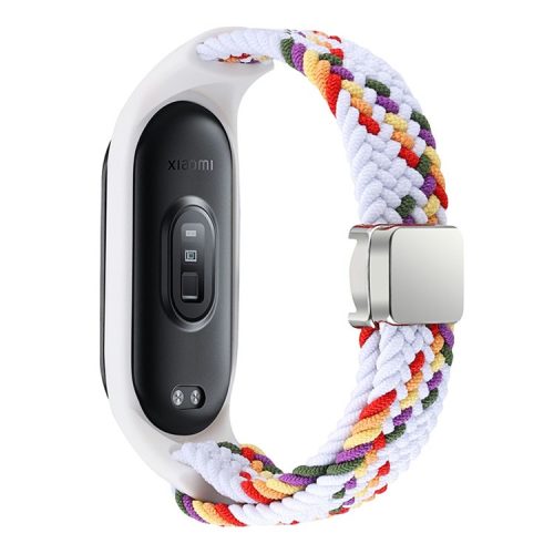 For Xiaomi Mi Band 3 / 4 / 5 / 6 / 7 Braided Nylon Strap Magnetic Watch Band - White Rainbow