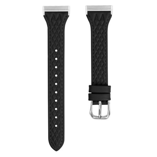 For Fitbit Versa 3 / Sense Top-layer Cow Leather Rhombus Design Watch Strap - Black